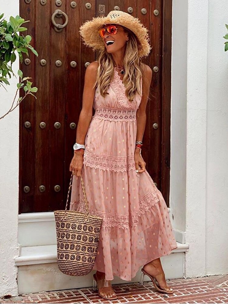 NOUVEAU RICHE Boho Maxikleid Mit Spitzen-Details Für Frauen Sommerlook Rosa