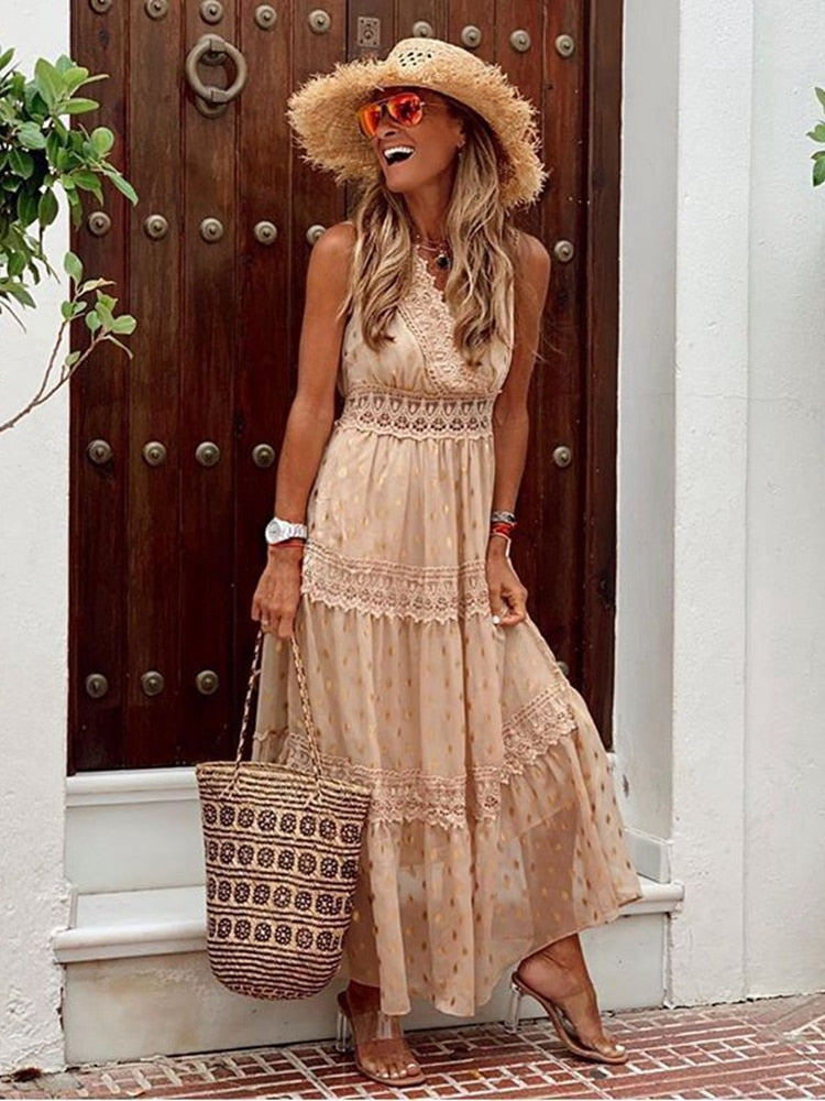 NOUVEAU RICHE Boho Maxikleid Mit Spitzen-Details Für Frauen Sommerlook