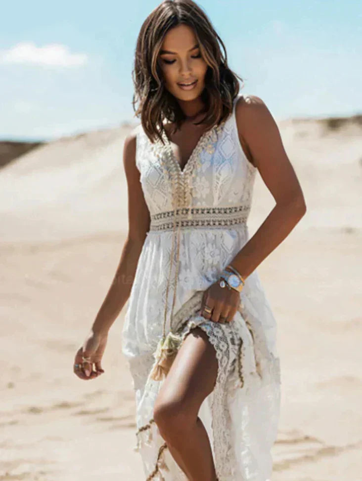 NOUVEAU RICHE Boho Spitzenkleid Mit V Ausschnitt Und Kordelzug Bequem