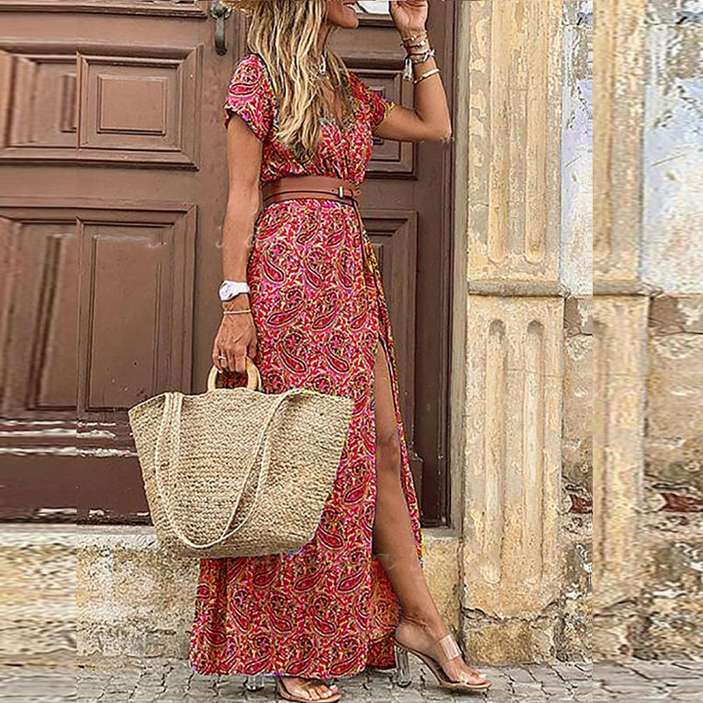 NOUVEAU RICHE Boho Vintage Kleid Für Damen Mit Vielseitigem Print Dunkelrot