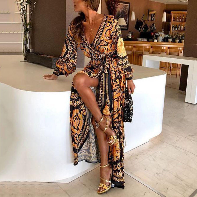 NOUVEAU RICHE Boho Wickel Sommerkleid Mit Schlitz Und Langen Ärmeln Für Elegante Sommerlooks Orange Schwarz