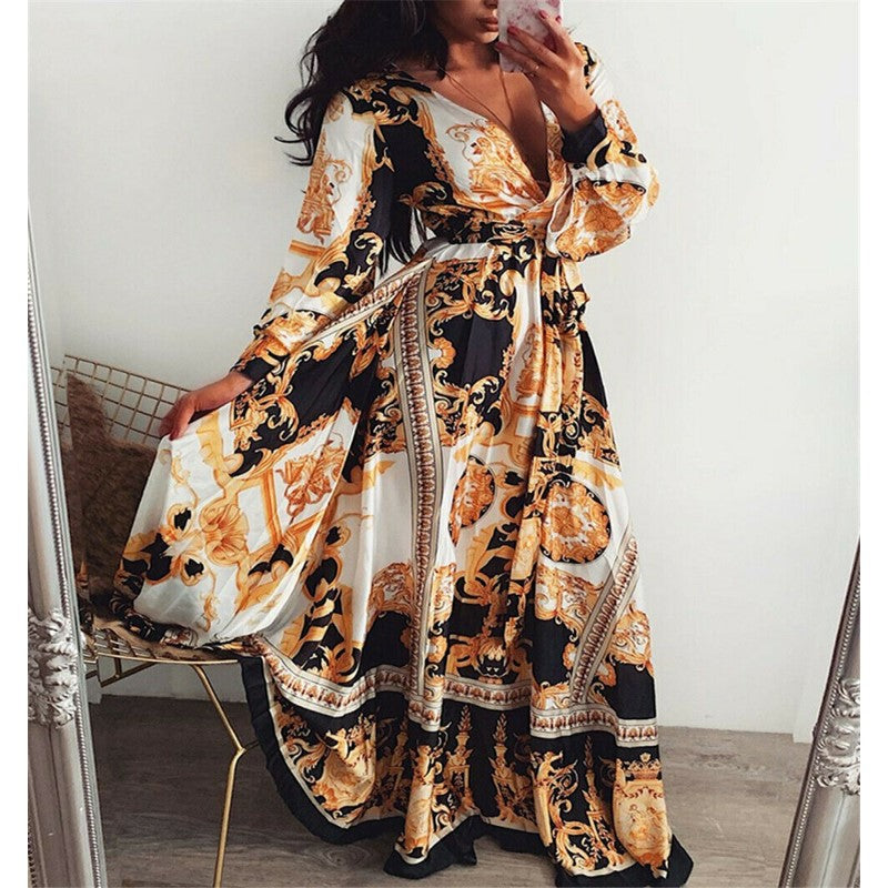 NOUVEAU RICHE Boho Wickel Sommerkleid Mit Schlitz Und Langen Ärmeln Für Elegante Sommerlooks Gelb Schwarz