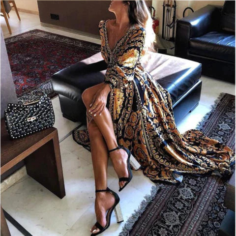 NOUVEAU RICHE Boho Wickel Sommerkleid Mit Schlitz Und Langen Ärmeln Für Elegante Sommerlooks