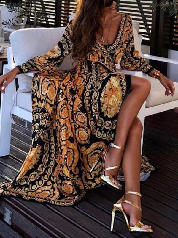 NOUVEAU RICHE Boho Wickel Sommerkleid Mit Schlitz Und Langen Ärmeln Für Elegante Sommerlooks