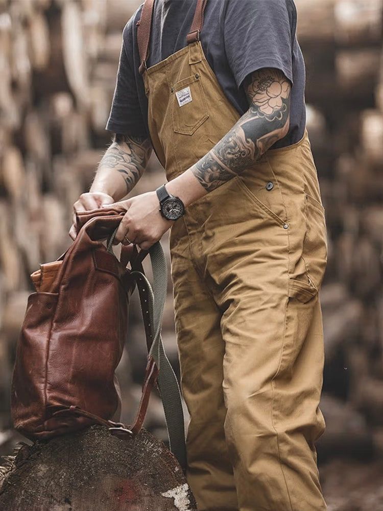 NOUVEAU RICHE Brauner Canvas Latzanzug Mit Entenbrust Für Herren Vintage Stil Verstellbare Träger Unisex Gärtner Landwirte Tischler Overall Mit Taschen Und Werkzeugschlaufe
