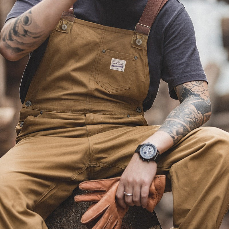NOUVEAU RICHE Brauner Canvas Latzanzug Mit Entenbrust Für Herren Vintage Stil Verstellbare Träger Unisex Gärtner Landwirte Tischler Overall Mit Taschen Und Werkzeugschlaufe