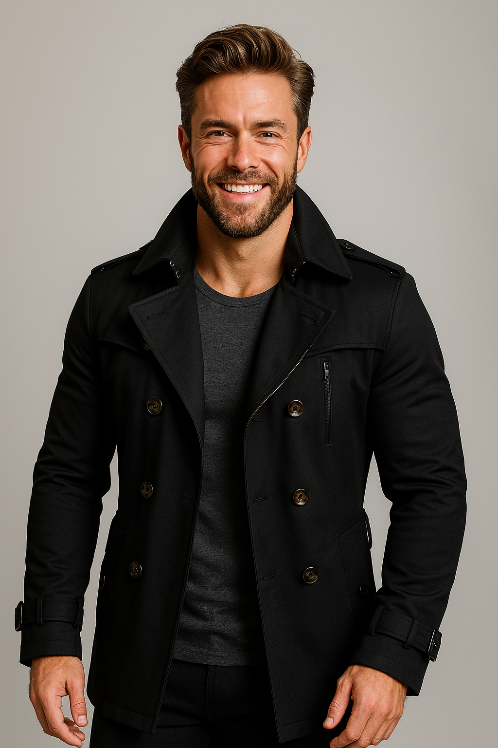 NOUVEAU RICHE Business Casual Trenchcoat Herren Eleganter Wärmender Mantel Schwarz