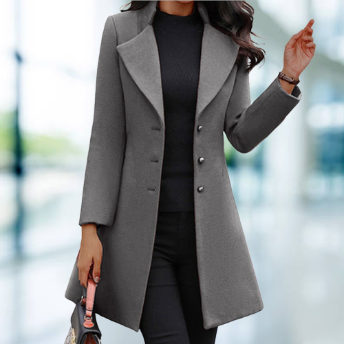 NOUVEAU RICHE Langer Mantel Aus Polyester Unifarbig Allround Für Herbst - Winterjacke - Wintermäntel Damen Grau