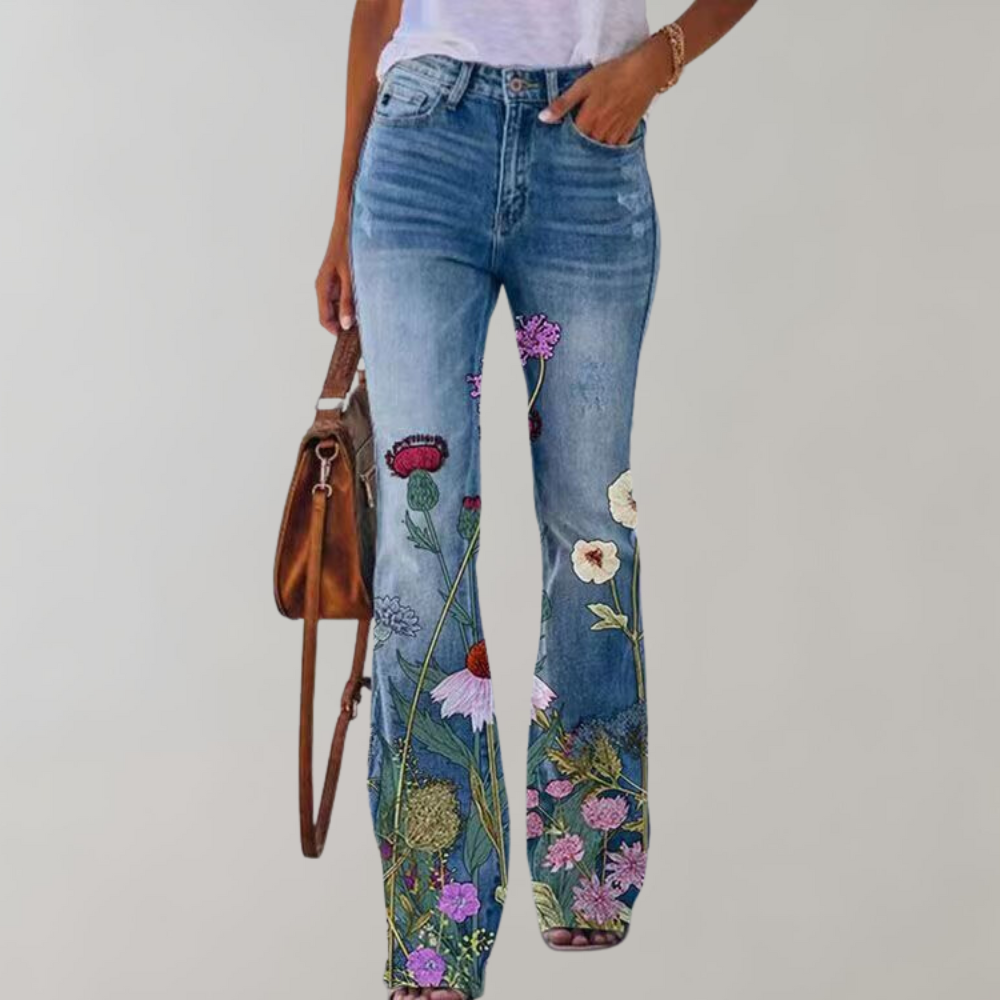 NOUVEAU RICHE Damen Schlaghose Jeanslook Hoch Tailliert Elastisch Mit roter Blume