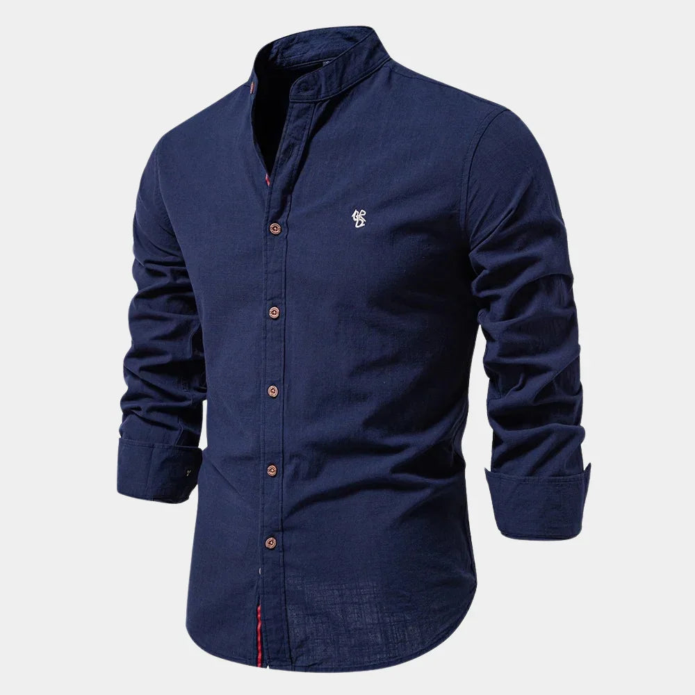 NOUVEAU RICHE Hemd Stehkragen Herren Taillierte Passform Lange Ärmel Marineblau