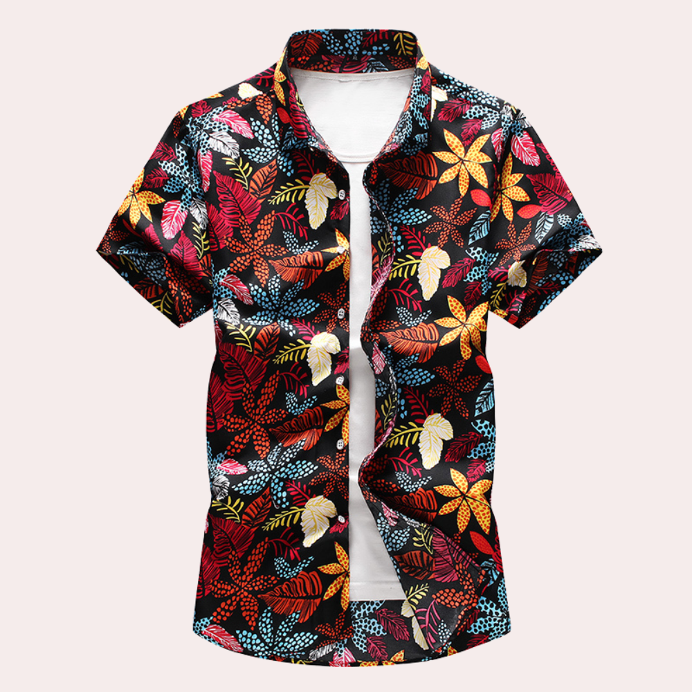NOUVEAU RICHE Polohemd Herren Hawaii Stil Baumwolle Blau Größe M Kurzarm Schwarz