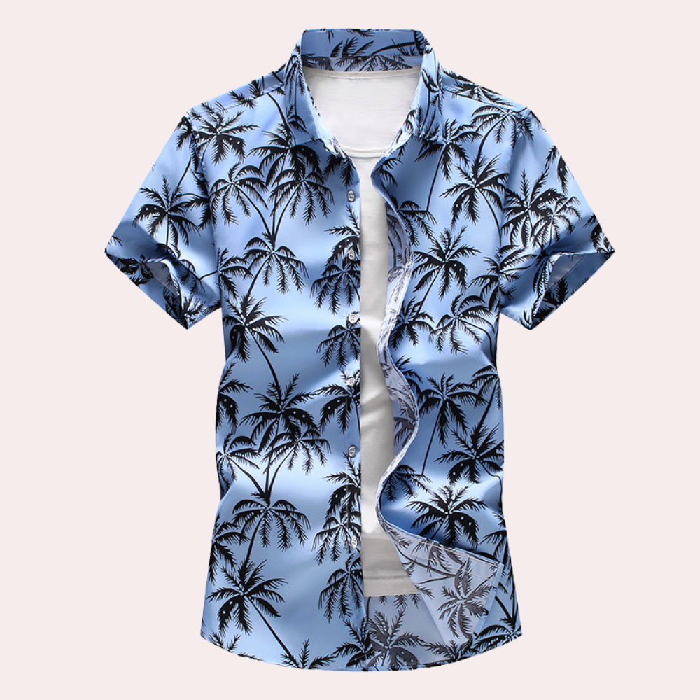 NOUVEAU RICHE Polohemd Herren Hawaii Stil Baumwolle Blau Größe M Kurzarm Hellblau
