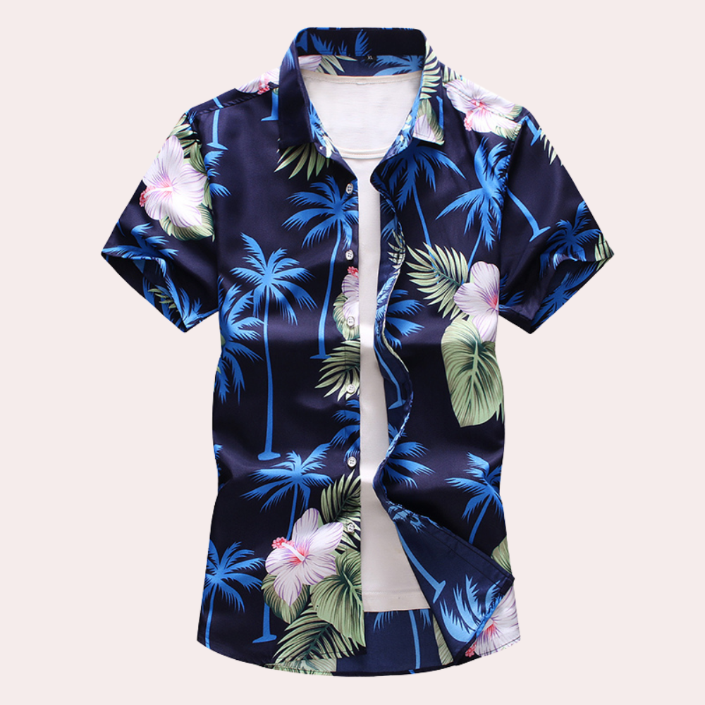 NOUVEAU RICHE Polohemd Herren Hawaii Stil Baumwolle Blau Größe M Kurzarm Marineblau