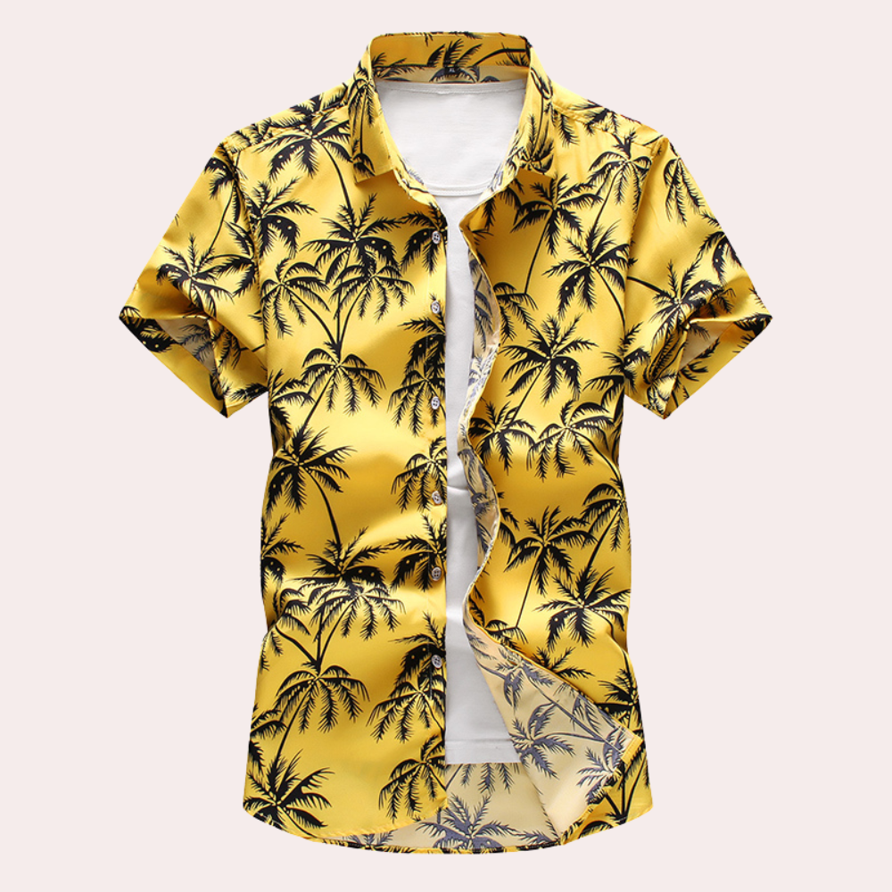 NOUVEAU RICHE Polohemd Herren Hawaii Stil Baumwolle Blau Größe M Kurzarm Gelb