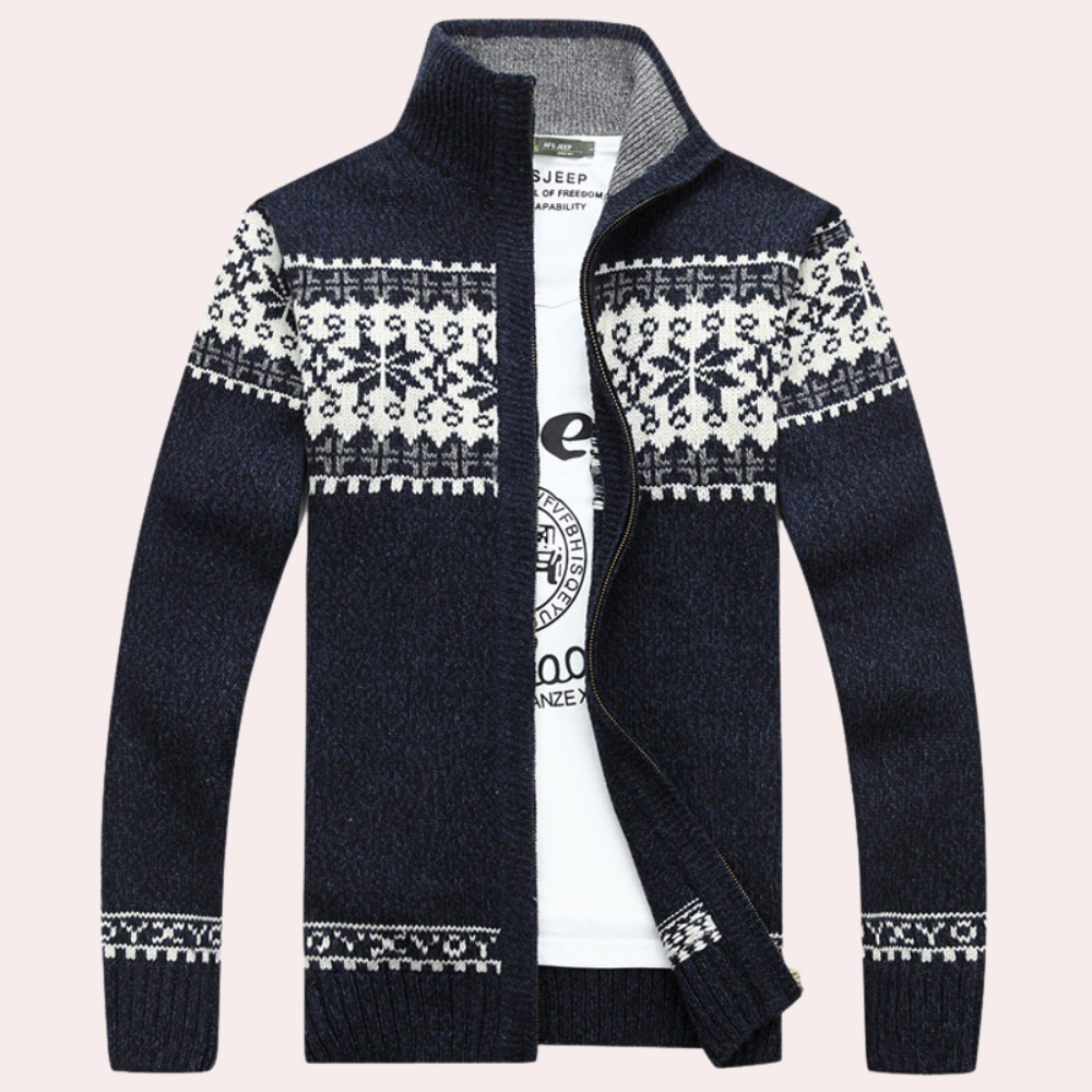 NOUVEAU RICHE Calico | Herren Cardigan mit durchgehendem Reißverschluss und Muster Marineblau