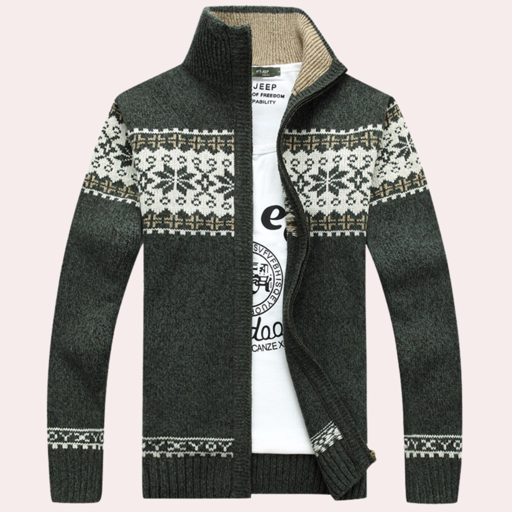 NOUVEAU RICHE Calico | Herren Cardigan mit durchgehendem Reißverschluss und Muster Grün
