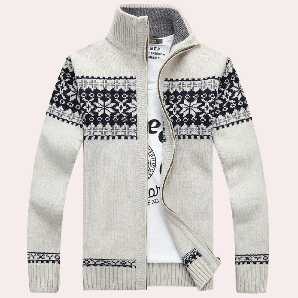 NOUVEAU RICHE Calico | Herren Cardigan mit durchgehendem Reißverschluss und Muster Weiß