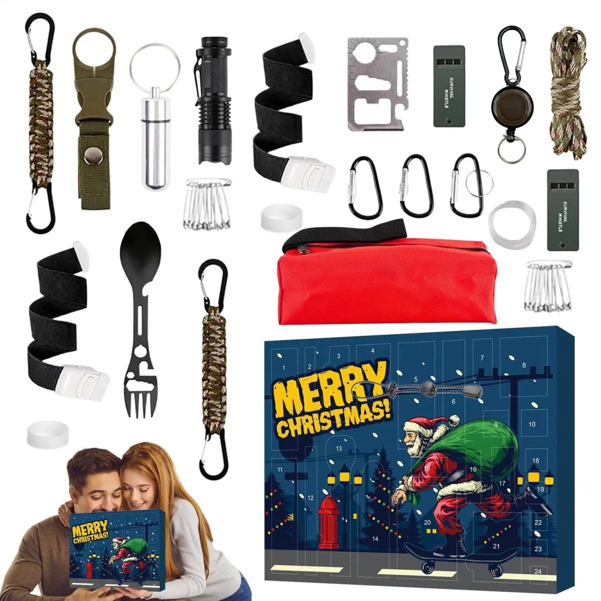 NOUVEAU RICHE Outdoor Adventskalender – 24 Überraschungen mit Camping- & Bushcraft-Gadgets, Weihnachtsgeschenk für Wanderer, Camper & Pfadis