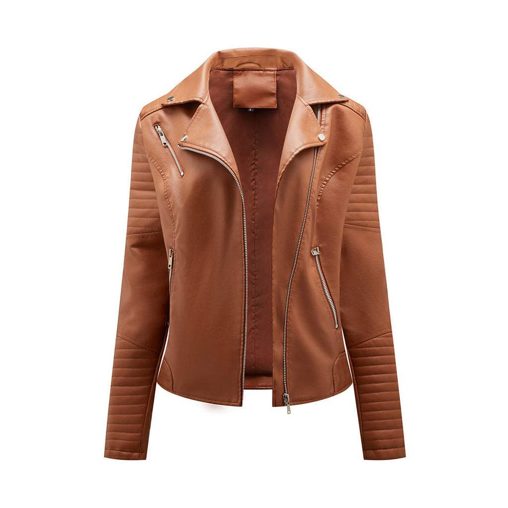 NOUVEAU RICHE Damen-Jacke Klassische PU Reißverschluss Reverskragen Braun