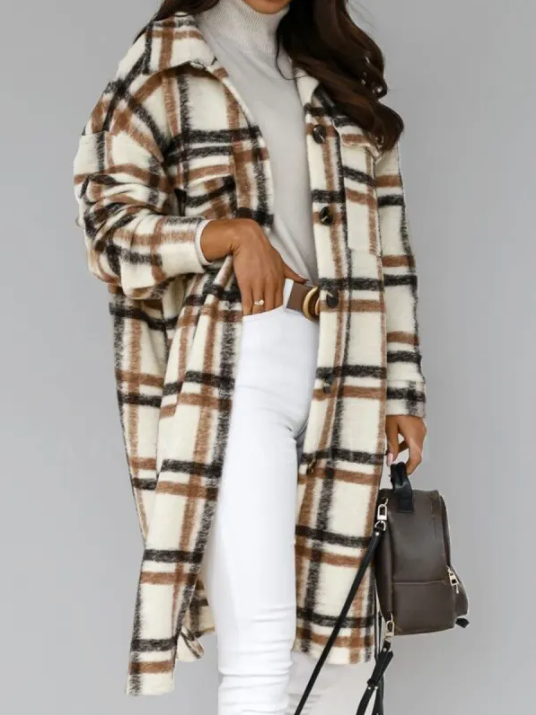 NOUVEAU RICHE Karierter Wollmantel Baumwolle Polyester Mix Warm Leicht - Winterjacke - Wintermäntel Damen Braun