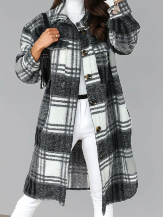 NOUVEAU RICHE Karierter Wollmantel Baumwolle Polyester Mix Warm Leicht - Winterjacke - Wintermäntel Damen Grau