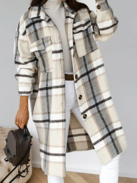 NOUVEAU RICHE Karierter Wollmantel Baumwolle Polyester Mix Warm Leicht - Winterjacke - Wintermäntel Damen Weiß