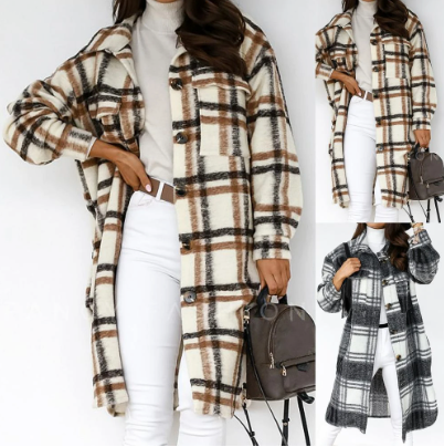 NOUVEAU RICHE Karierter Wollmantel Baumwolle Polyester Mix Warm Leicht - Winterjacke - Wintermäntel Damen