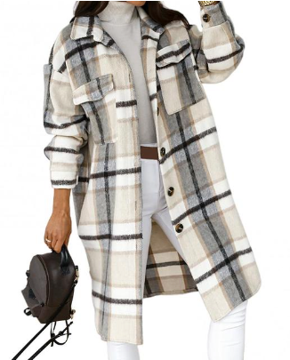 NOUVEAU RICHE Karierter Wollmantel Baumwolle Polyester Mix Warm Leicht - Winterjacke - Wintermäntel Damen