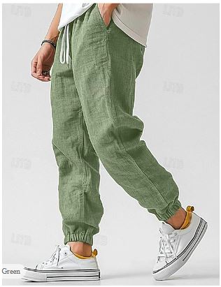 NOUVEAU RICHE Leinen Cargohose Herren Atmungsaktiv Hoher Bund Kordelzug Grün