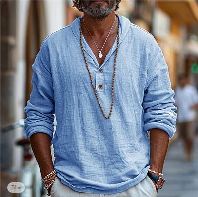 NOUVEAU RICHE Herren Leinenhemd Langarm Pullover Baumwoll Leinenmix Blau
