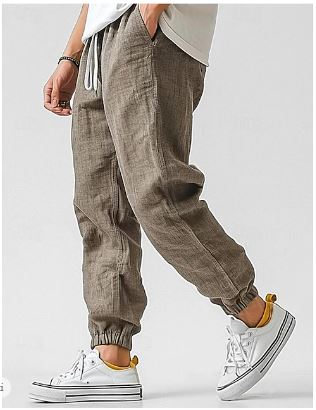 NOUVEAU RICHE Leinen Cargohose Herren Atmungsaktiv Hoher Bund Kordelzug Khaki