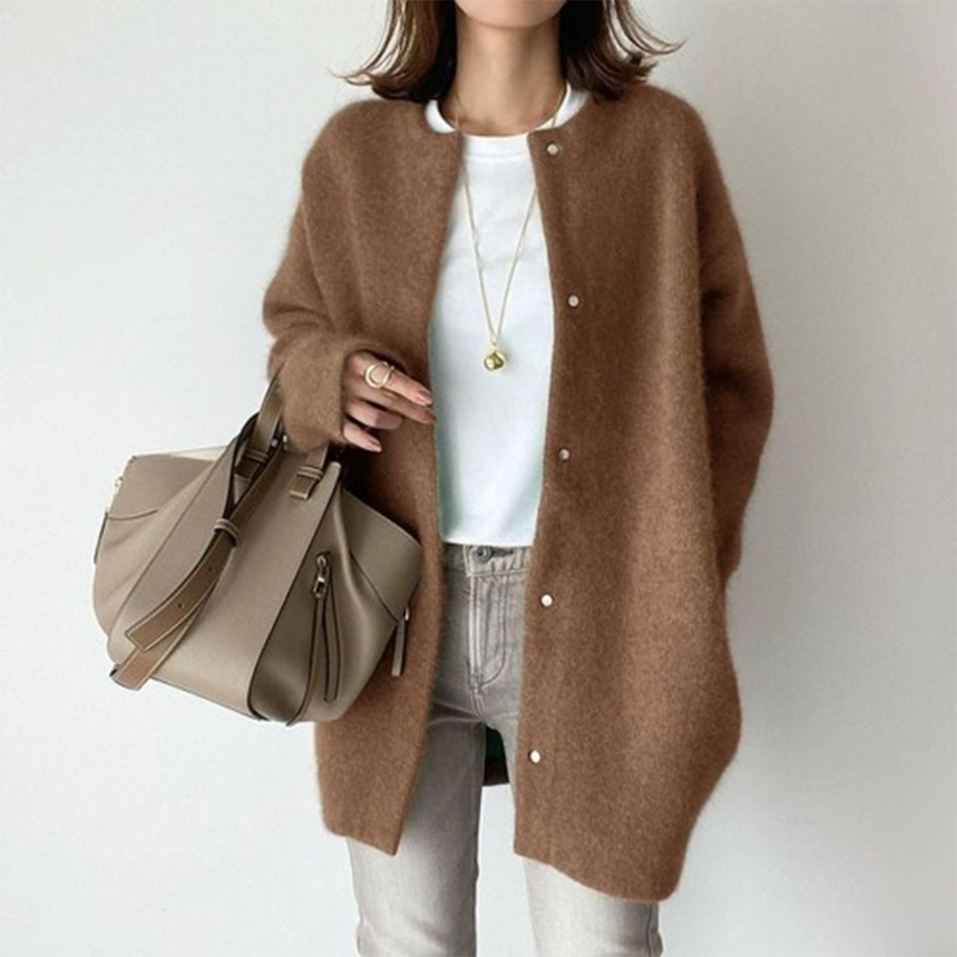 NOUVEAU RICHE Raffinierte Strickjacke mit Stil Uni Rundhals Langarm Karamell