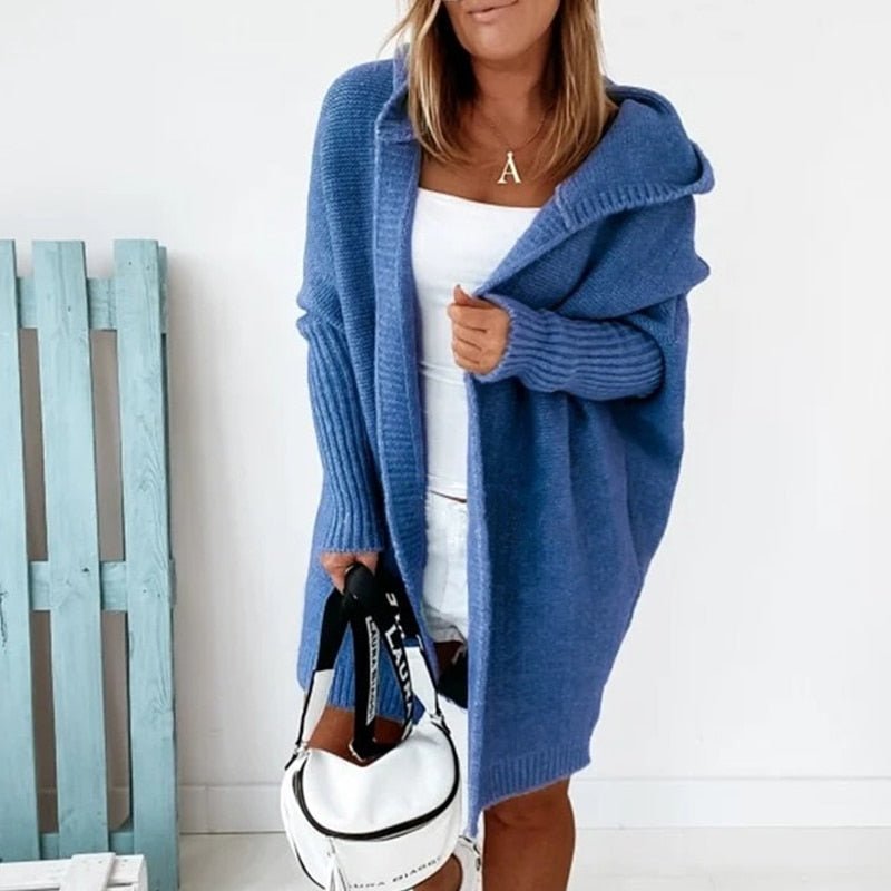 NOUVEAU RICHE Cardigan Kuschelig Wollmix Kapuze Damen Herbstlook Warm Blau