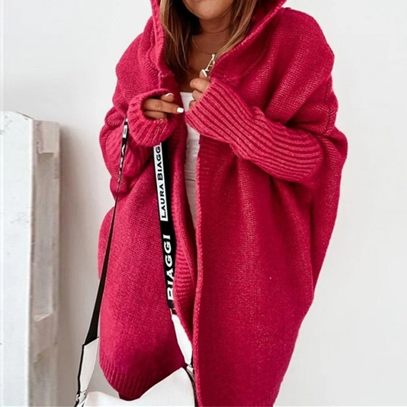 NOUVEAU RICHE Cardigan Kuschelig Wollmix Kapuze Damen Herbstlook Warm Rot
