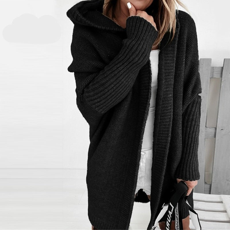 NOUVEAU RICHE Cardigan Kuschelig Wollmix Kapuze Damen Herbstlook Warm Schwarz