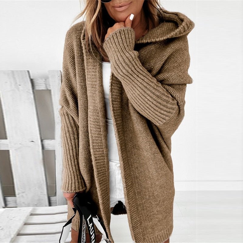 NOUVEAU RICHE Cardigan Kuschelig Wollmix Kapuze Damen Herbstlook Warm Khaki