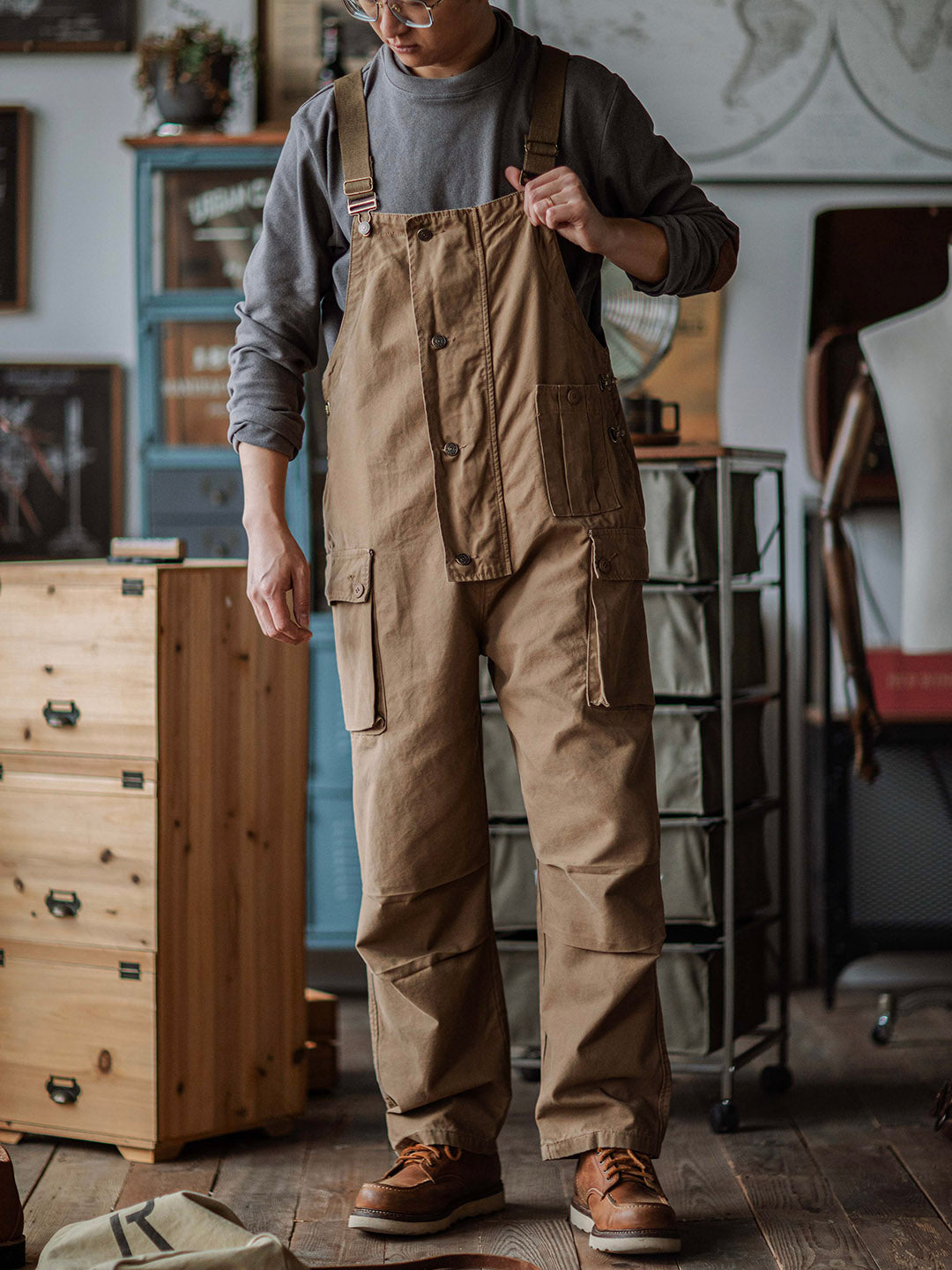 NOUVEAU RICHE Carver Canvas-Latzhose Robuste Und Funktionale Arbeitskleidung Für Handwerker Und Outdoor-Aktivitäten Khaki