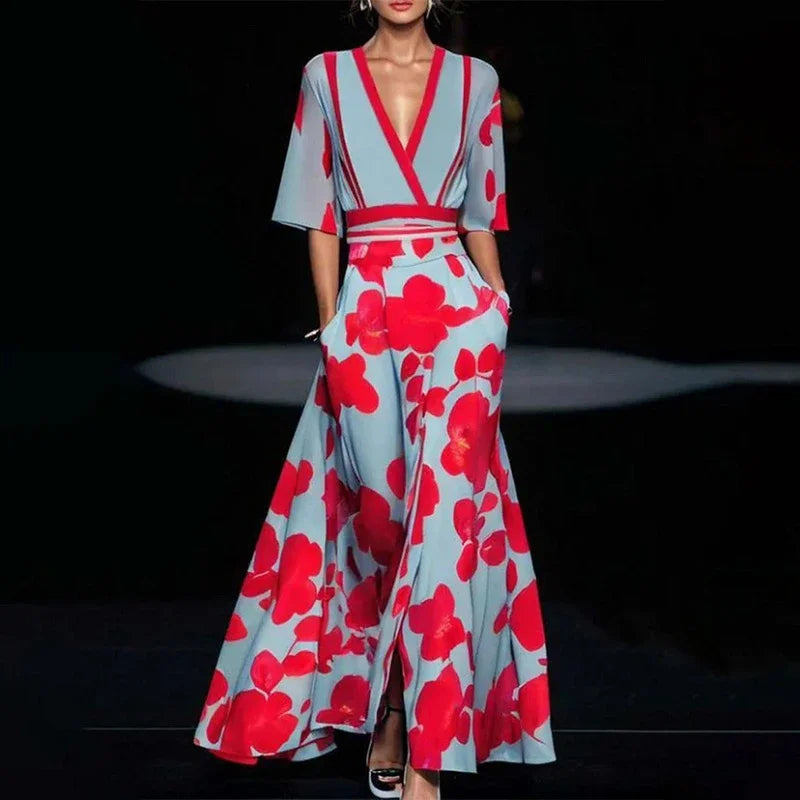NOUVEAU RICHE Elegantes Maxikleid Mit Blumendruck Für Festliche Anlässe Rotgrau