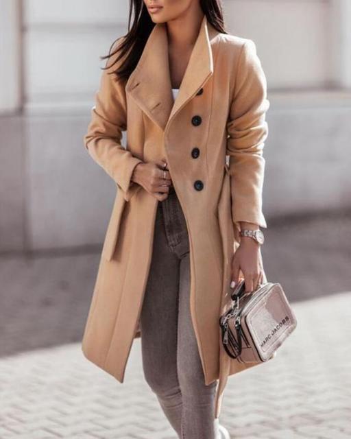 NOUVEAU RICHE Damen Mantel Lang Mit Knopfleiste Und Gürtel Stilvoll - Winterjacke - Wintermäntel Damen Beige