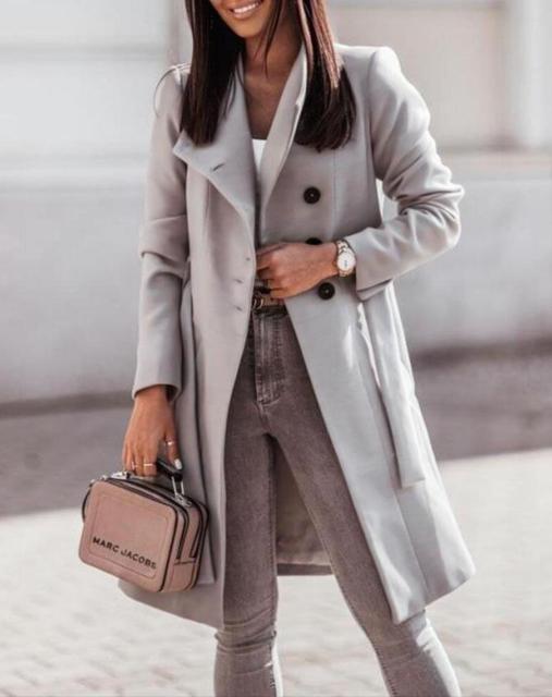 NOUVEAU RICHE Damen Mantel Lang Mit Knopfleiste Und Gürtel Stilvoll - Winterjacke - Wintermäntel Damen Grau