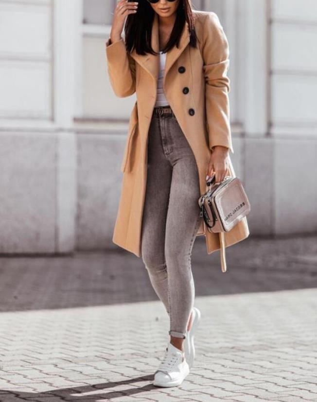 NOUVEAU RICHE Damen Mantel Lang Mit Knopfleiste Und Gürtel Stilvoll - Winterjacke - Wintermäntel Damen