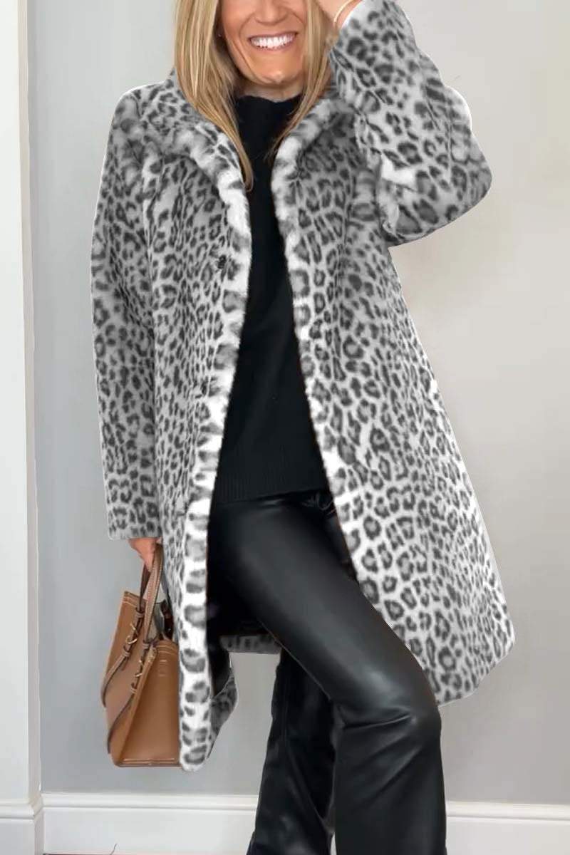 NOUVEAU RICHE Luxuriöser Leopardenmantel Damen Taillierte Silhouette Grau