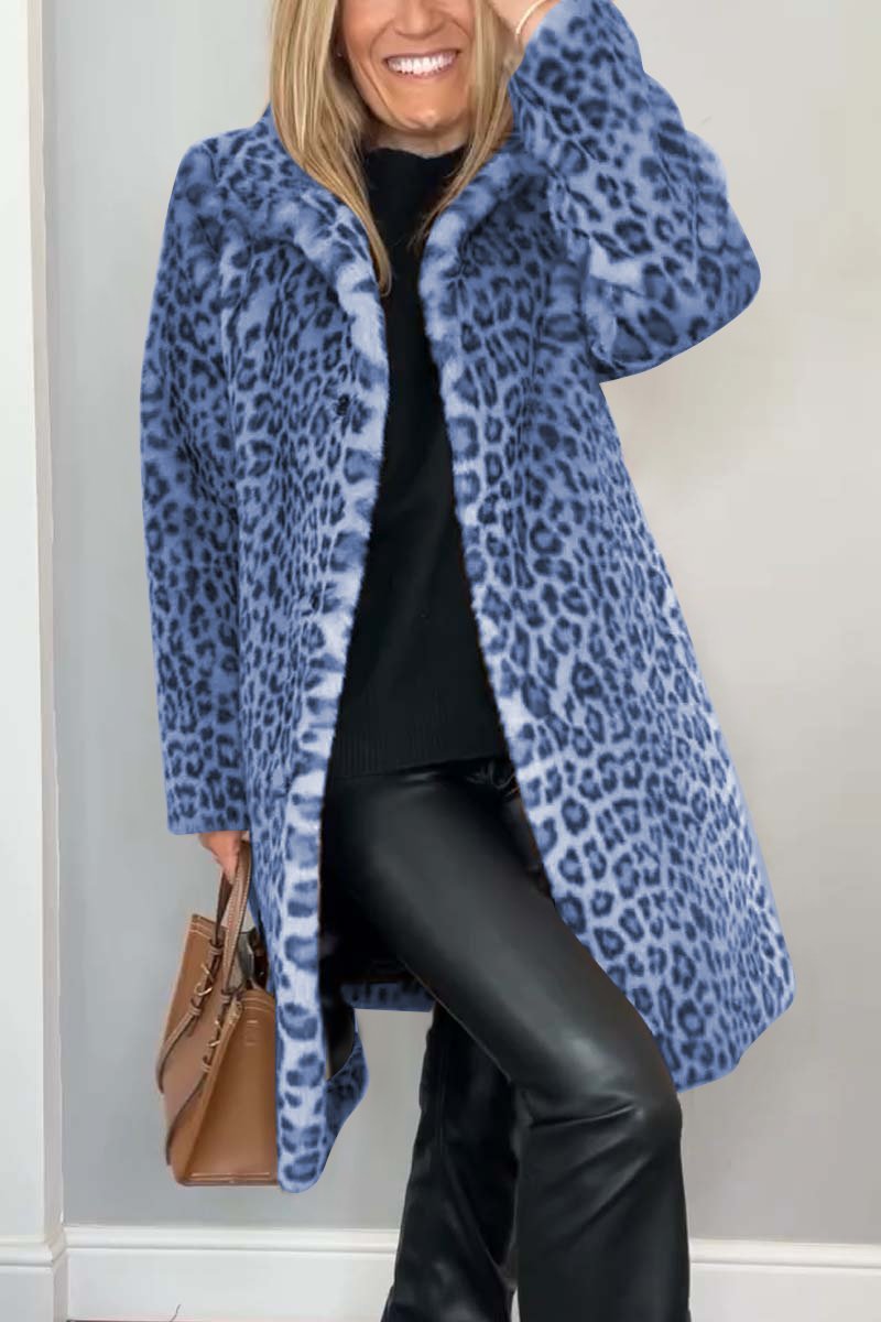 NOUVEAU RICHE Luxuriöser Leopardenmantel Damen Taillierte Silhouette Blau
