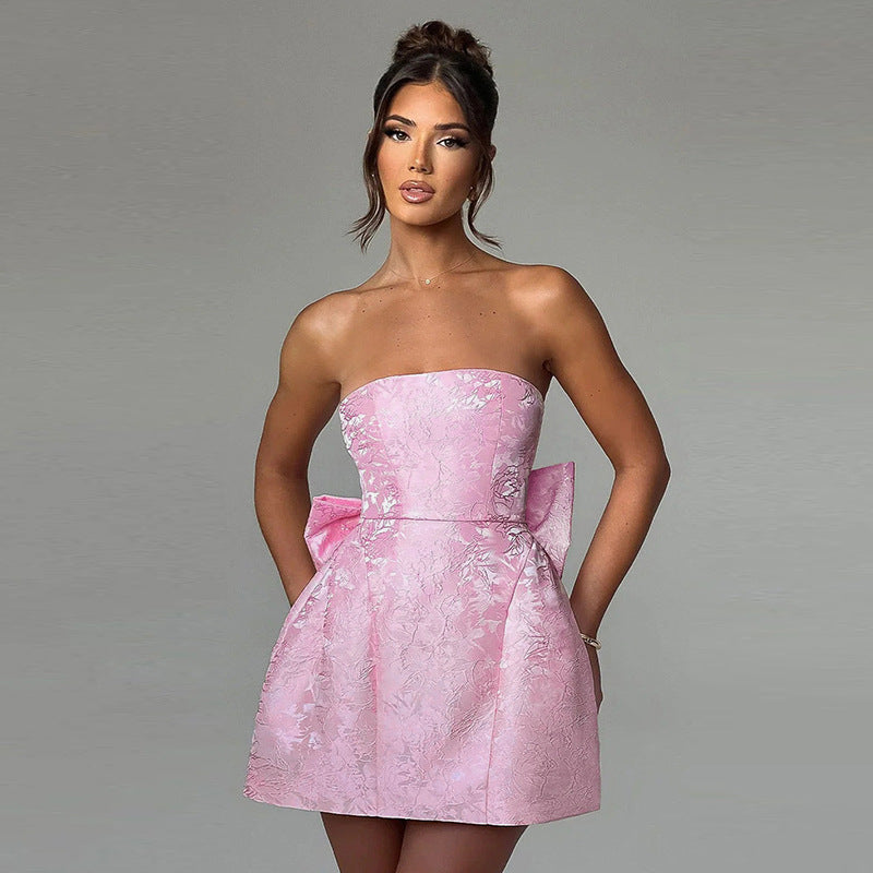 NOUVEAU RICHE Damen Mini-Cocktailkleid – Champagner & Schulterfrei mit Schleife