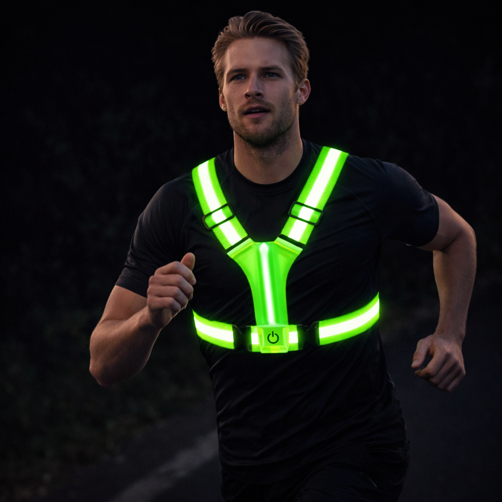 NOUVEAU RICHE LED-Laufweste – Wiederaufladbare reflektierende Warnweste mit 360° Sichtbarkeit für Joggen & Velo, Unisex, 3 Farben Grün