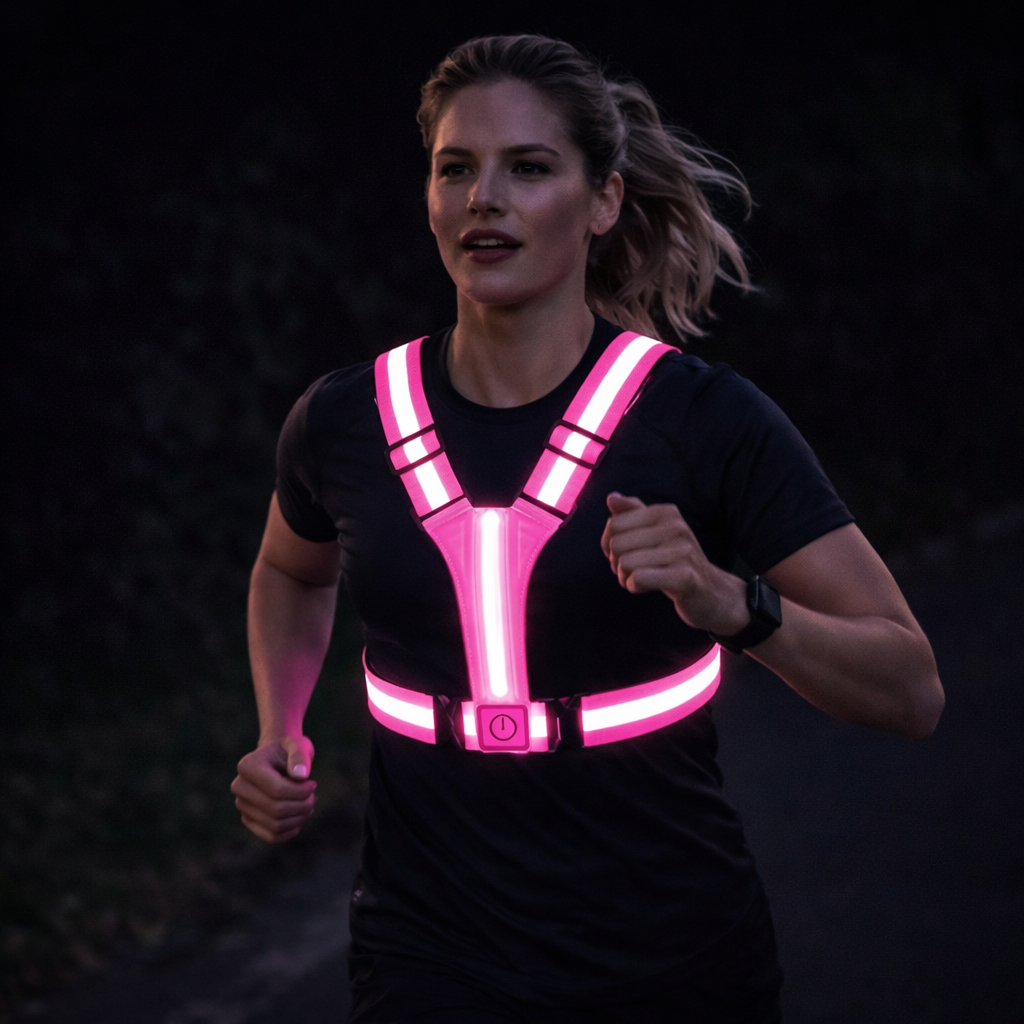 NOUVEAU RICHE LED-Laufweste – Wiederaufladbare reflektierende Warnweste mit 360° Sichtbarkeit für Joggen & Velo, Unisex, 3 Farben Rosa