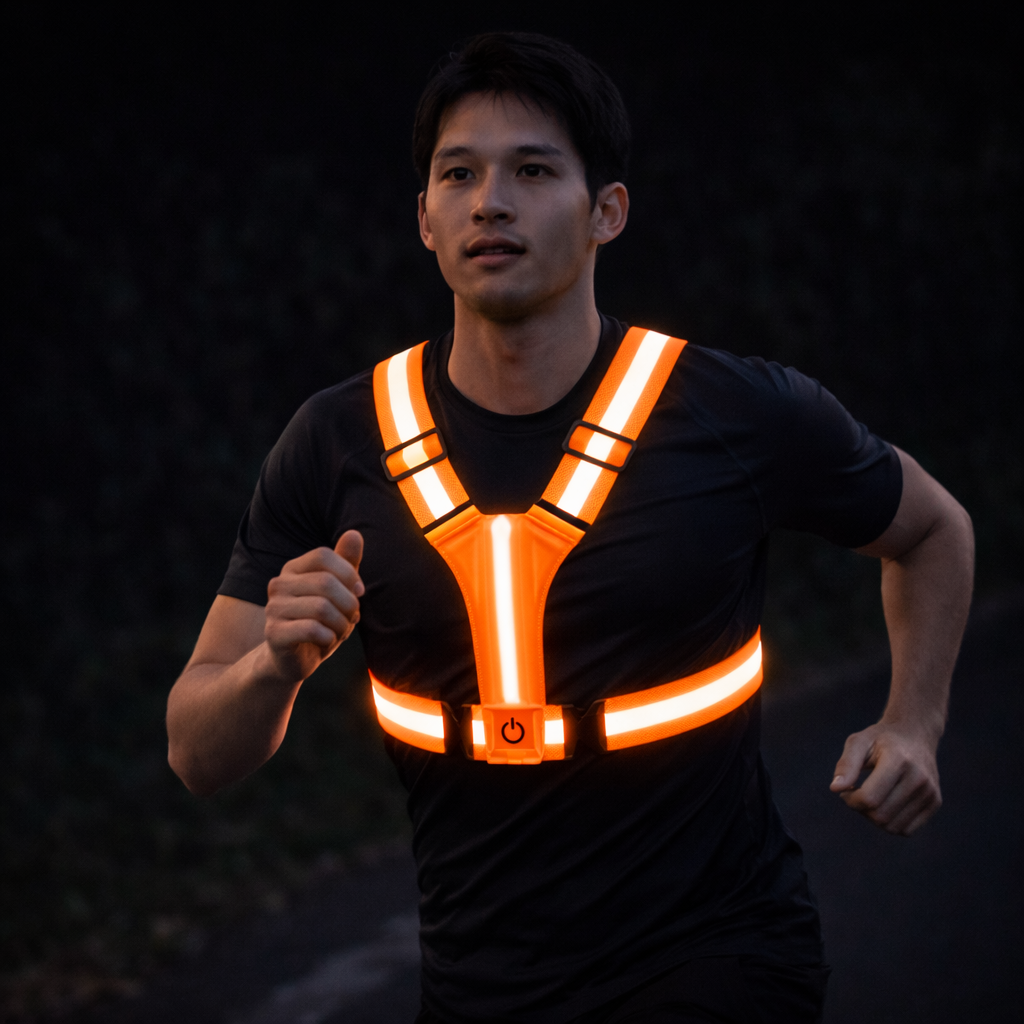 NOUVEAU RICHE LED-Laufweste – Wiederaufladbare reflektierende Warnweste mit 360° Sichtbarkeit für Joggen & Velo, Unisex, 3 Farben Orange