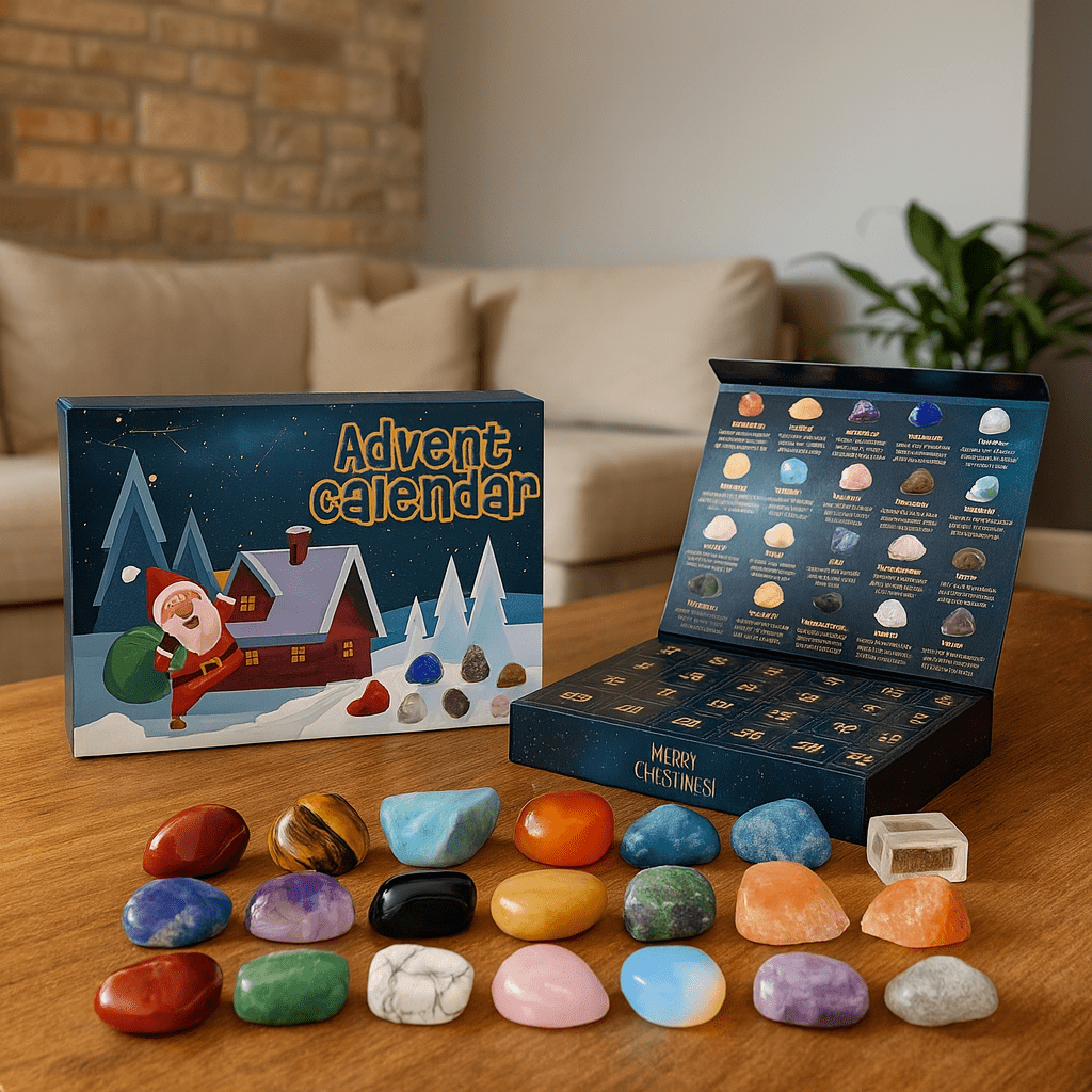 NOUVEAU RICHE Edelstein Adventskalender – 24 natürliche Kristalle & Steine für den Countdown bis Weihnachten, Geschenk für Steinsammler, 2 Varianten Variante B