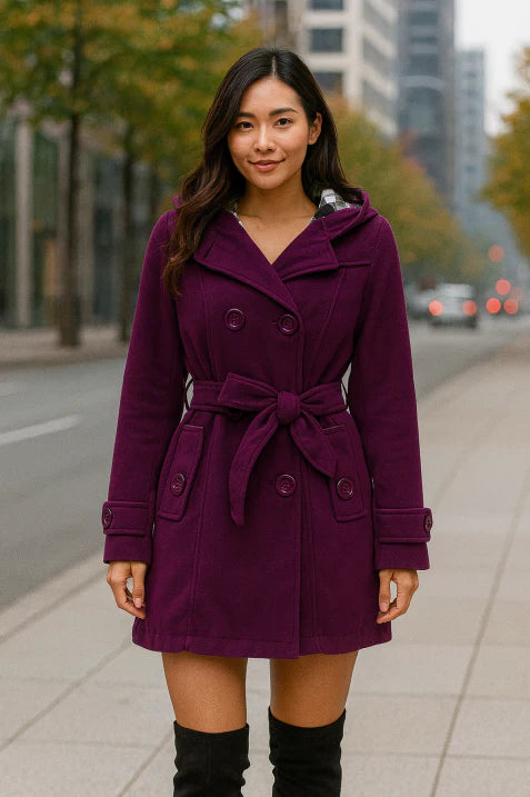 NOUVEAU RICHE Damen Kapuzenmantel Doppelreihig Mit Gürtel Für Kalte Tage Lila