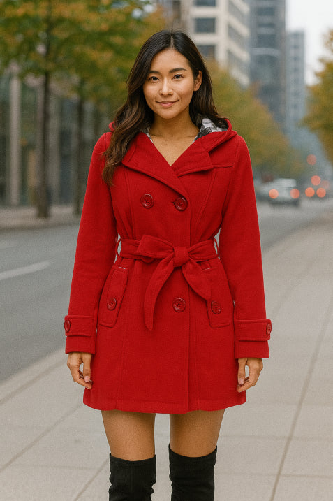 NOUVEAU RICHE Damen Kapuzenmantel Doppelreihig Mit Gürtel Für Kalte Tage Rot